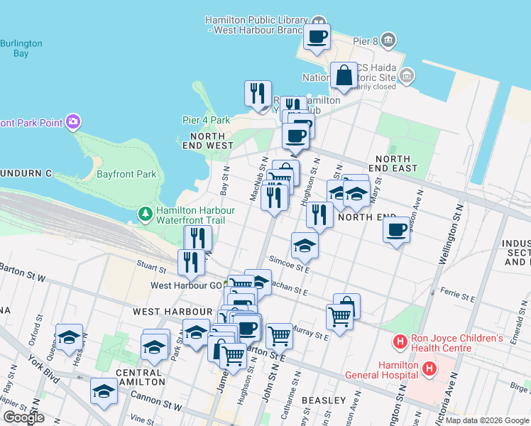 map of restaurants, bars, coffee shops, grocery stores, and more near 416 MacNab Street North in Hamilton