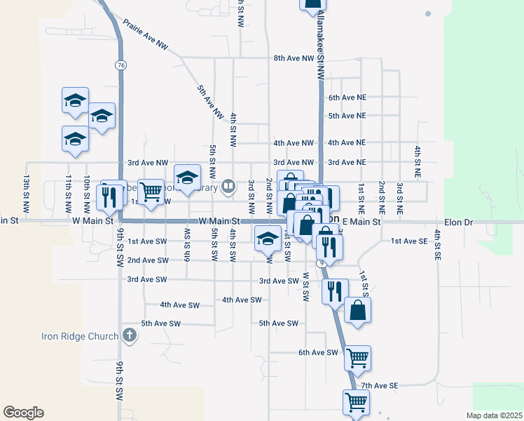 map of restaurants, bars, coffee shops, grocery stores, and more near 100 2nd Street Northwest in Waukon