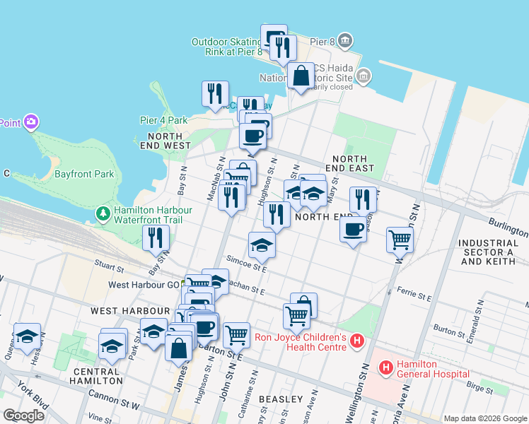 map of restaurants, bars, coffee shops, grocery stores, and more near 438 Hughson Street North in Hamilton