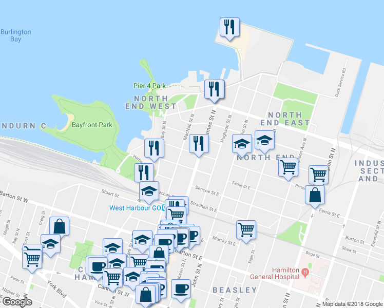 map of restaurants, bars, coffee shops, grocery stores, and more near 13 Picton Street West in Hamilton