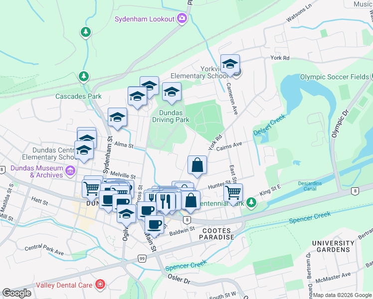 map of restaurants, bars, coffee shops, grocery stores, and more near 34 Helen Street in Hamilton