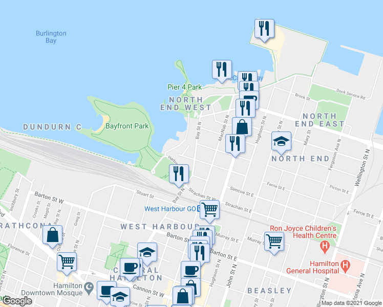 map of restaurants, bars, coffee shops, grocery stores, and more near 86 Harbour Front Drive in Hamilton