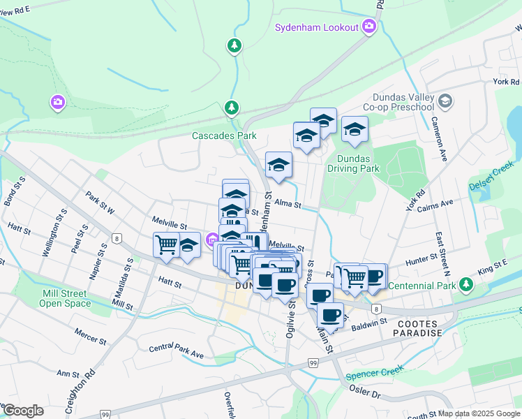 map of restaurants, bars, coffee shops, grocery stores, and more near 64 Sydenham Street in Hamilton