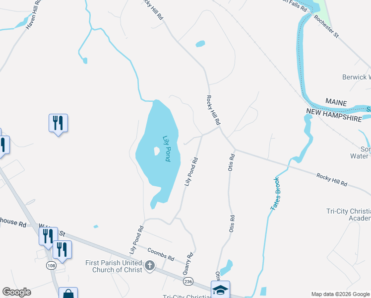 map of restaurants, bars, coffee shops, grocery stores, and more near 144 Lily Pond Road in Somersworth