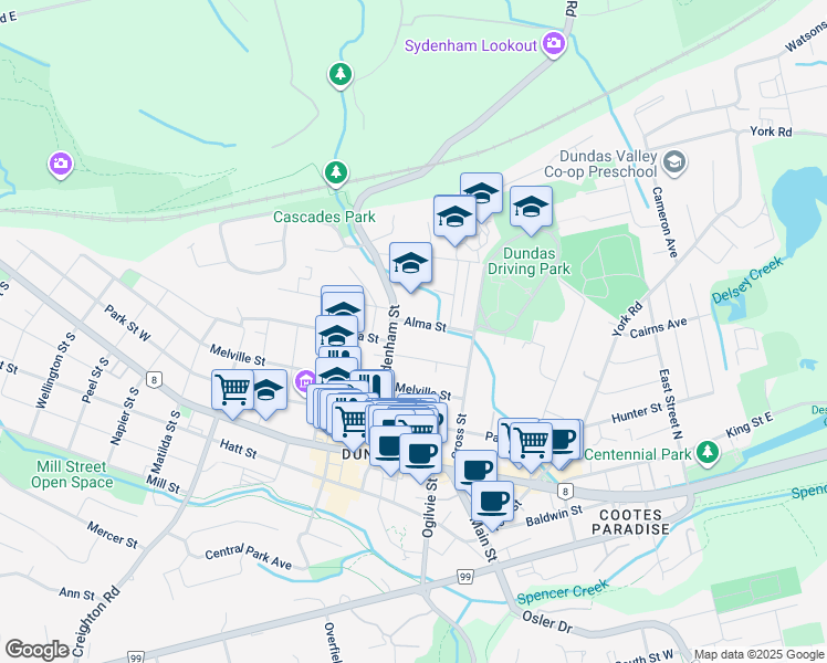 map of restaurants, bars, coffee shops, grocery stores, and more near 34 Alma Street in Hamilton