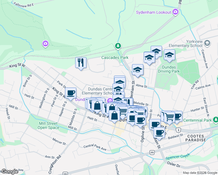 map of restaurants, bars, coffee shops, grocery stores, and more near 78 Alma Street in Hamilton