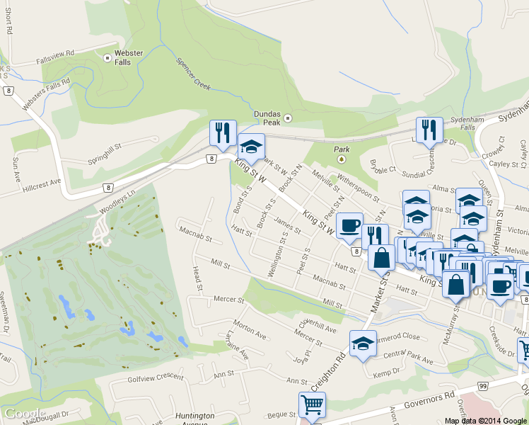 map of restaurants, bars, coffee shops, grocery stores, and more near Brock Street South in Hamilton