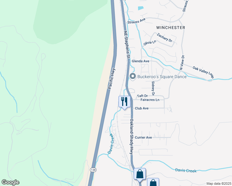 map of restaurants, bars, coffee shops, grocery stores, and more near 4998 Northeast Stephens Street in Roseburg