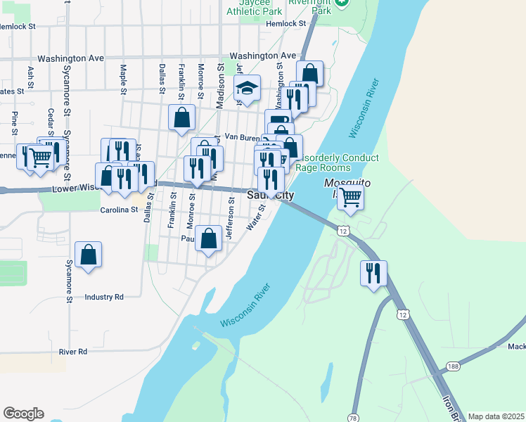 map of restaurants, bars, coffee shops, grocery stores, and more near in Sauk City