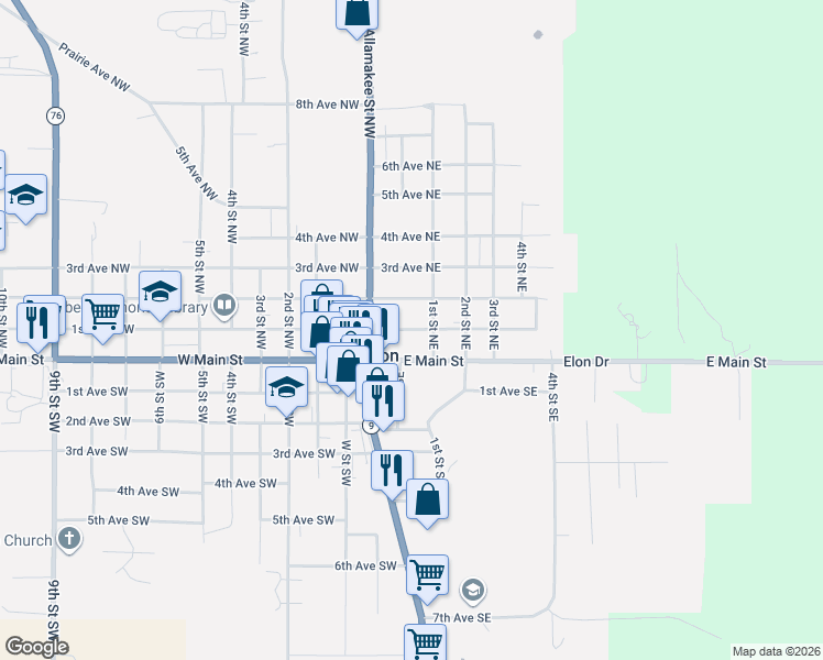 map of restaurants, bars, coffee shops, grocery stores, and more near 36 1st Ave NE in Waukon