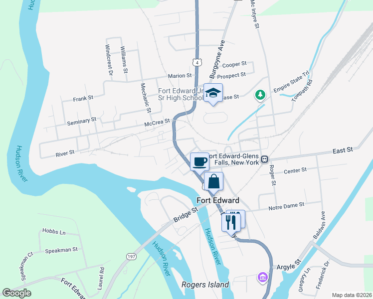 map of restaurants, bars, coffee shops, grocery stores, and more near 7 Washington Street in Fort Edward