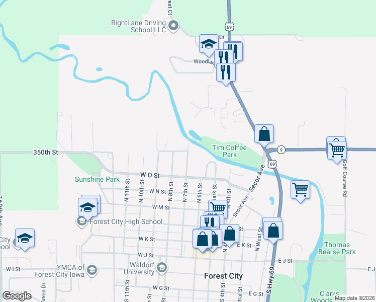 map of restaurants, bars, coffee shops, grocery stores, and more near 800 North 7th Street in Forest City