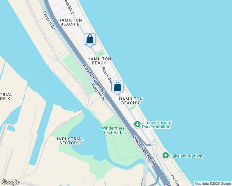 map of restaurants, bars, coffee shops, grocery stores, and more near 234 Beach Boulevard in Hamilton