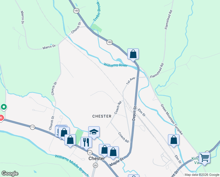 map of restaurants, bars, coffee shops, grocery stores, and more near 419 Coach Road in Chester