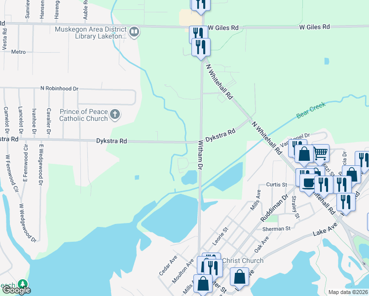 map of restaurants, bars, coffee shops, grocery stores, and more near 823 Dykstra Road in Muskegon