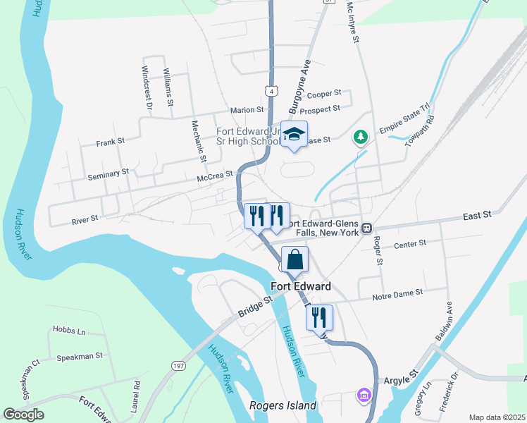 map of restaurants, bars, coffee shops, grocery stores, and more near 7 Washington Street in Fort Edward
