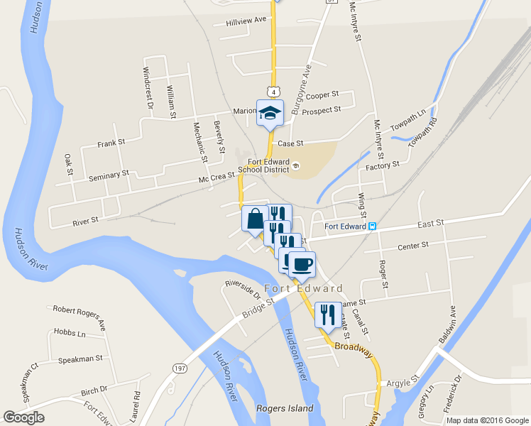 map of restaurants, bars, coffee shops, grocery stores, and more near 7 Washington Street in Fort Edward