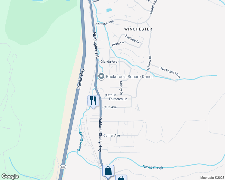 map of restaurants, bars, coffee shops, grocery stores, and more near 183 Bradley Court in Roseburg