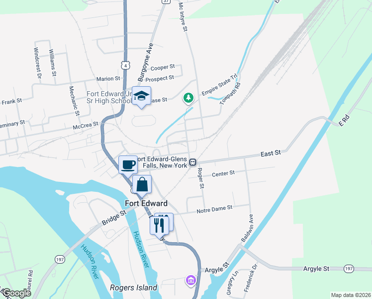 map of restaurants, bars, coffee shops, grocery stores, and more near 27-29 Taylor Street in Fort Edward