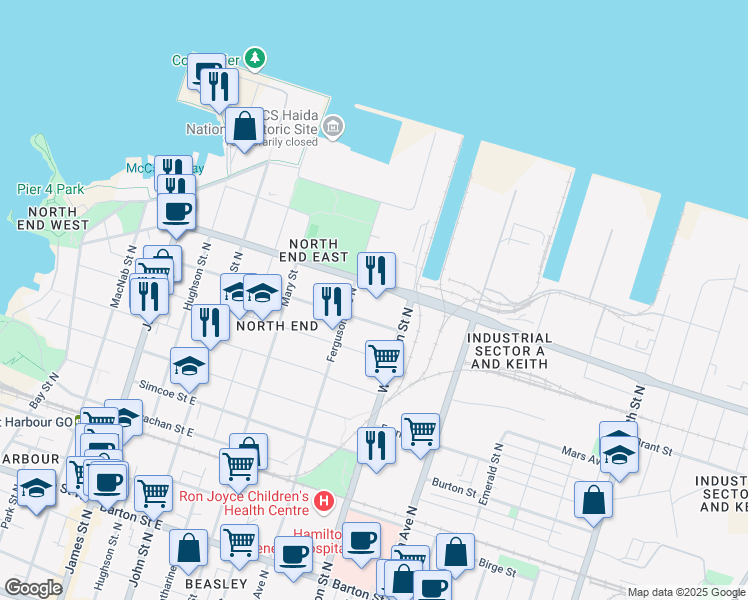 map of restaurants, bars, coffee shops, grocery stores, and more near 200 Burlington Street East in Hamilton