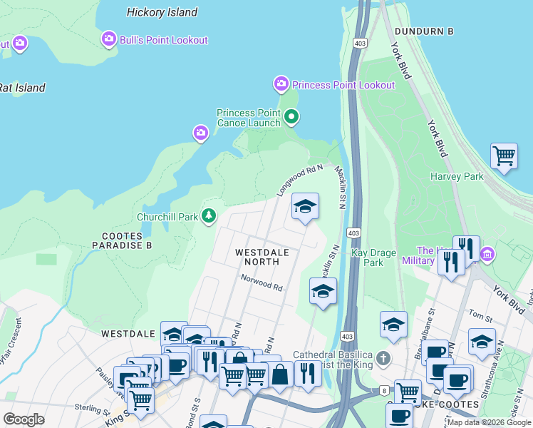 map of restaurants, bars, coffee shops, grocery stores, and more near 244 Bond Street North in Hamilton