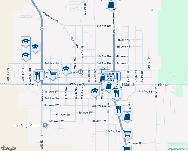 map of restaurants, bars, coffee shops, grocery stores, and more near 100-198 2nd Street Northwest in Waukon