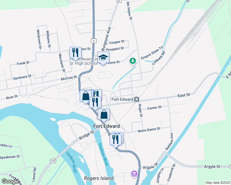 map of restaurants, bars, coffee shops, grocery stores, and more near 16 Lock Street in Fort Edward