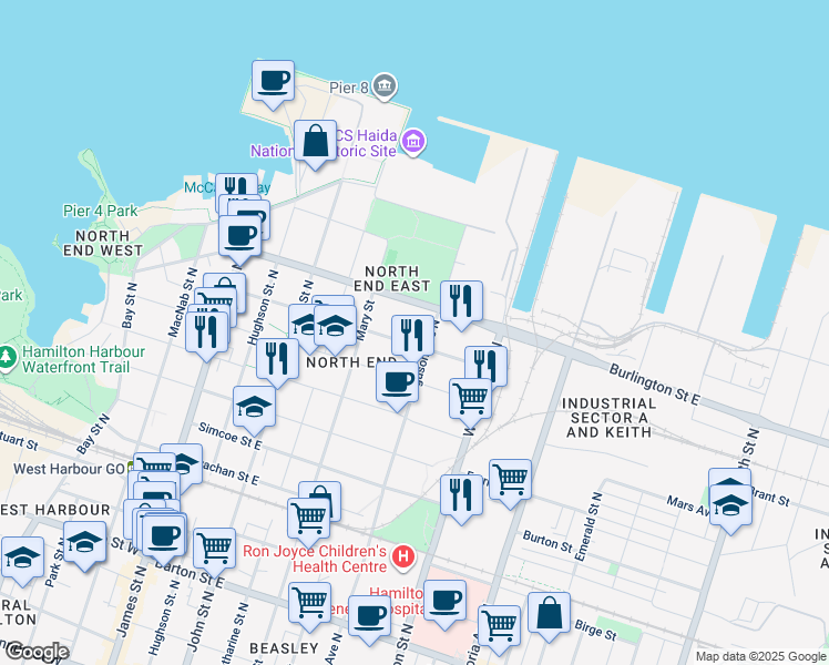 map of restaurants, bars, coffee shops, grocery stores, and more near 167 Wood Street East in Hamilton