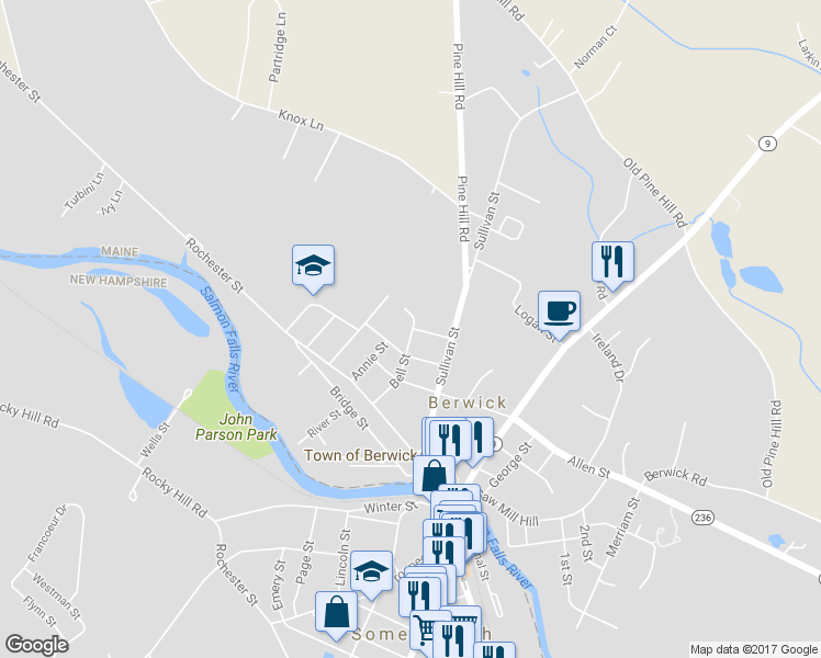map of restaurants, bars, coffee shops, grocery stores, and more near 21 Bell Street in Berwick
