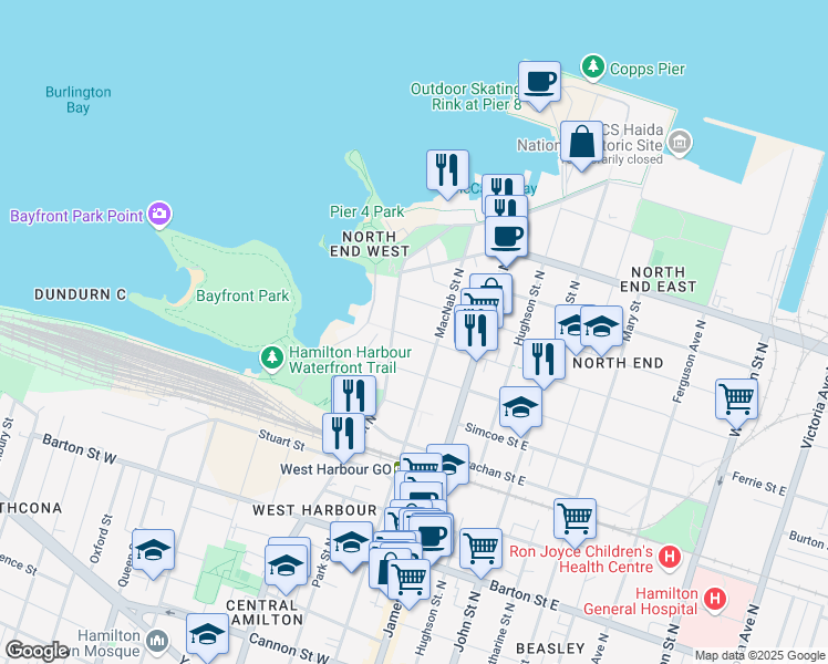 map of restaurants, bars, coffee shops, grocery stores, and more near 56 Picton Street West in Hamilton