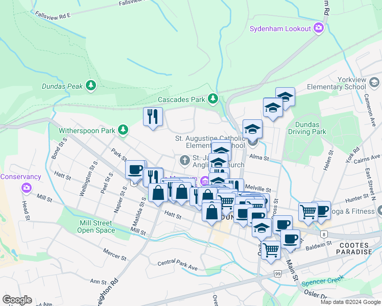 map of restaurants, bars, coffee shops, grocery stores, and more near 107 Victoria Street in Hamilton