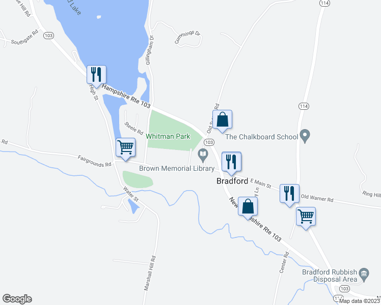 map of restaurants, bars, coffee shops, grocery stores, and more near 64 West Main Street in Bradford