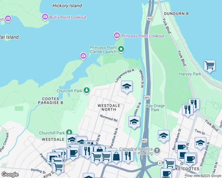 map of restaurants, bars, coffee shops, grocery stores, and more near 244 Bond Street North in Hamilton