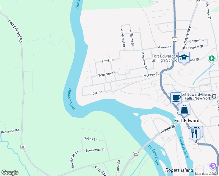 map of restaurants, bars, coffee shops, grocery stores, and more near 38 River Street in Fort Edward