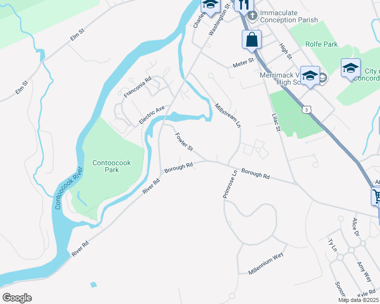 map of restaurants, bars, coffee shops, grocery stores, and more near 22 Fowler Street in Concord