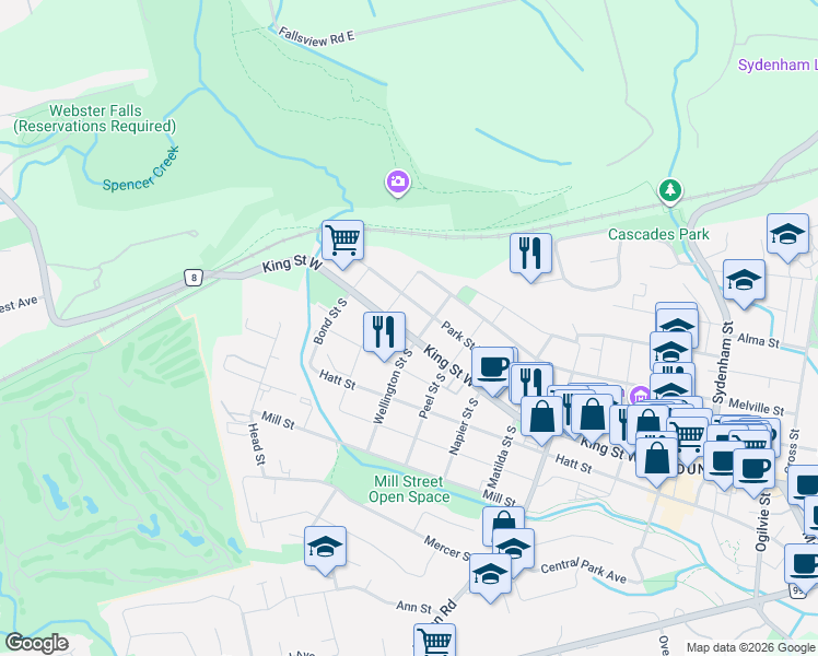 map of restaurants, bars, coffee shops, grocery stores, and more near 9 Wellington Street North in Hamilton