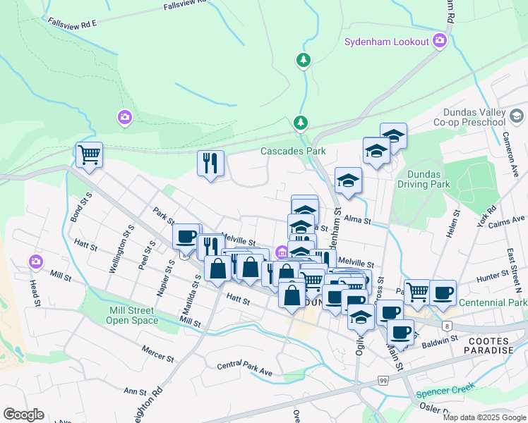 map of restaurants, bars, coffee shops, grocery stores, and more near 107 Victoria Street in Hamilton