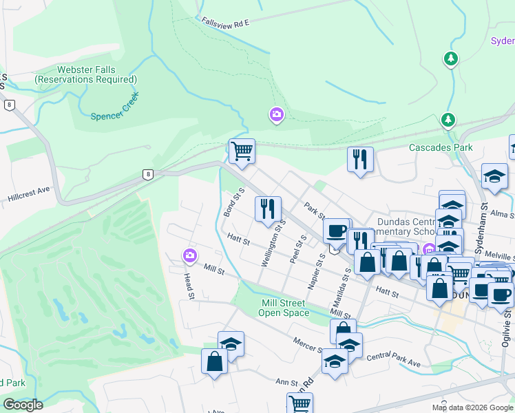 map of restaurants, bars, coffee shops, grocery stores, and more near 10 Brock Street South in Hamilton