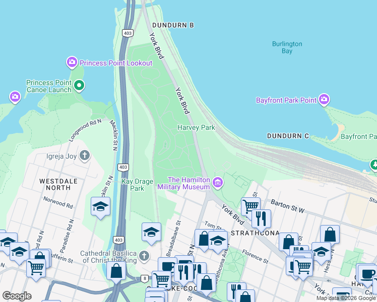 map of restaurants, bars, coffee shops, grocery stores, and more near 604 York Blvd in Hamilton