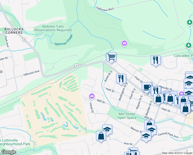 map of restaurants, bars, coffee shops, grocery stores, and more near 1 Head Street in Hamilton
