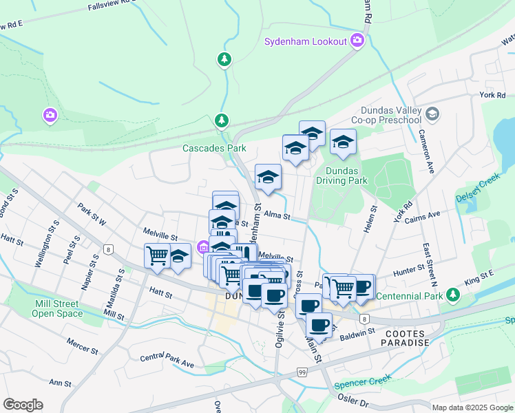 map of restaurants, bars, coffee shops, grocery stores, and more near 76 Sydenham Street in Hamilton