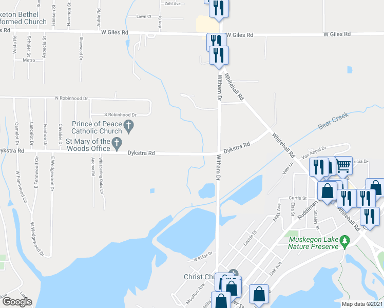 map of restaurants, bars, coffee shops, grocery stores, and more near 823 Dykstra Rd in Muskegon