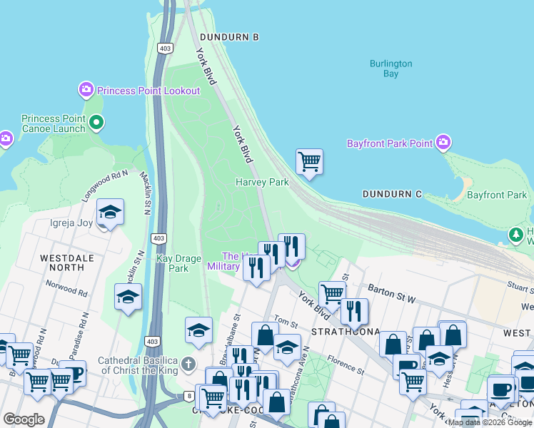 map of restaurants, bars, coffee shops, grocery stores, and more near 604 York Boulevard in Hamilton