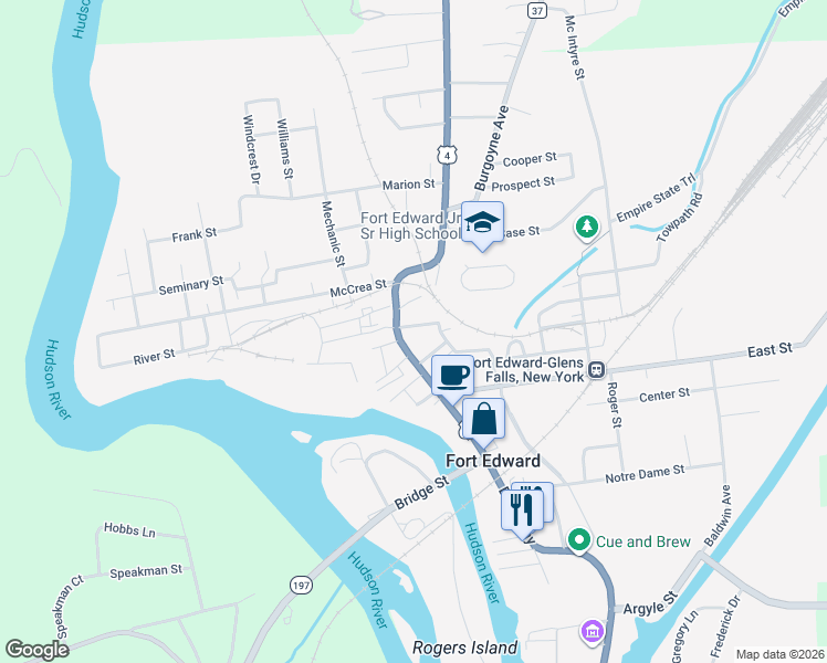 map of restaurants, bars, coffee shops, grocery stores, and more near 7 Washington Street in Fort Edward