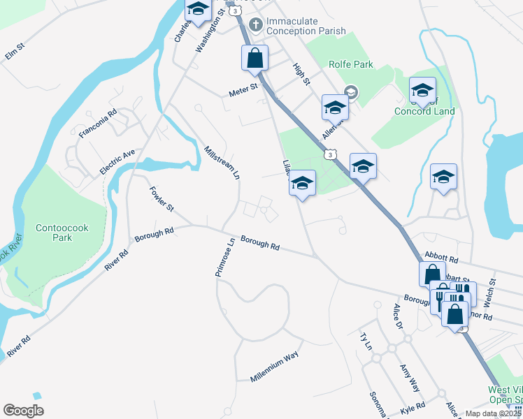 map of restaurants, bars, coffee shops, grocery stores, and more near 2 Maplewood Lane in Concord