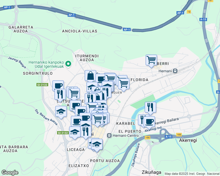 map of restaurants, bars, coffee shops, grocery stores, and more near in Hernani