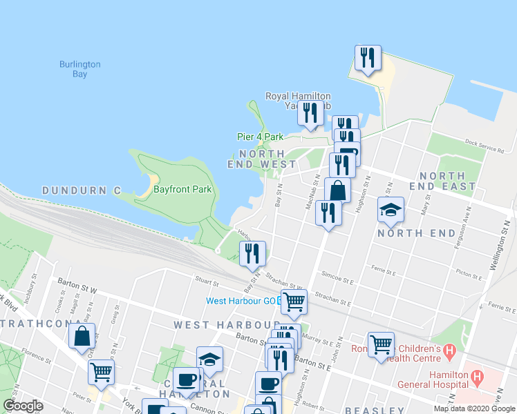 map of restaurants, bars, coffee shops, grocery stores, and more near 86 Harbour Front Drive in Hamilton