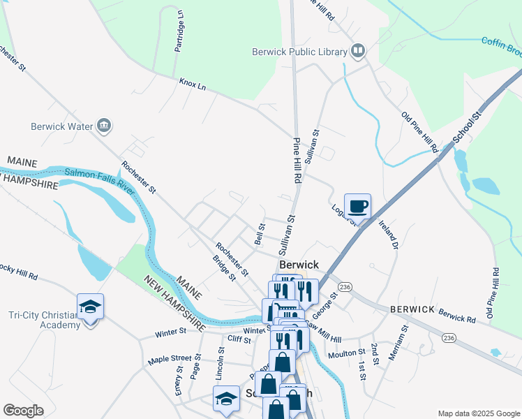 map of restaurants, bars, coffee shops, grocery stores, and more near 21 Bell Street in Berwick