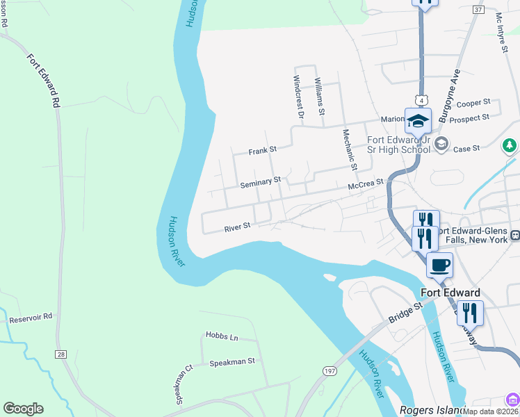 map of restaurants, bars, coffee shops, grocery stores, and more near 38 River Street in Fort Edward
