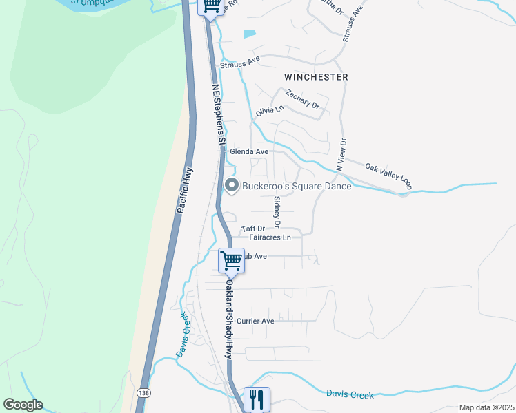 map of restaurants, bars, coffee shops, grocery stores, and more near 183 Bradley Court in Roseburg